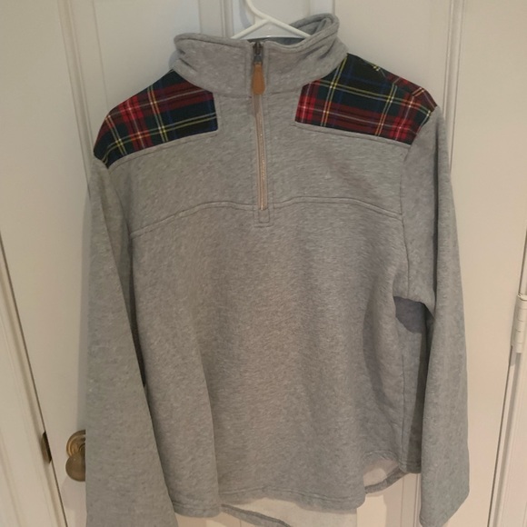 Gray sweater with flannel shoulders. - Picture 1 of 2